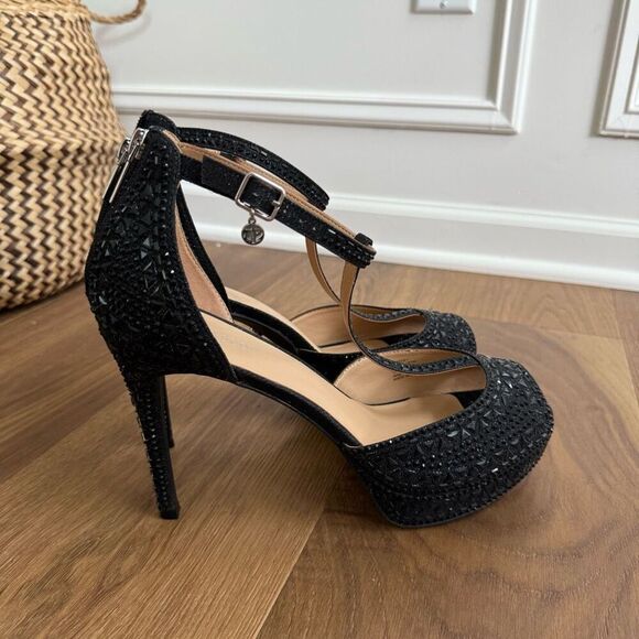 NWOB Thalia Sodi Chace Black T-Strap Embellished Platform Stiletto Heels 12 Wide - Picture 7 of 10
